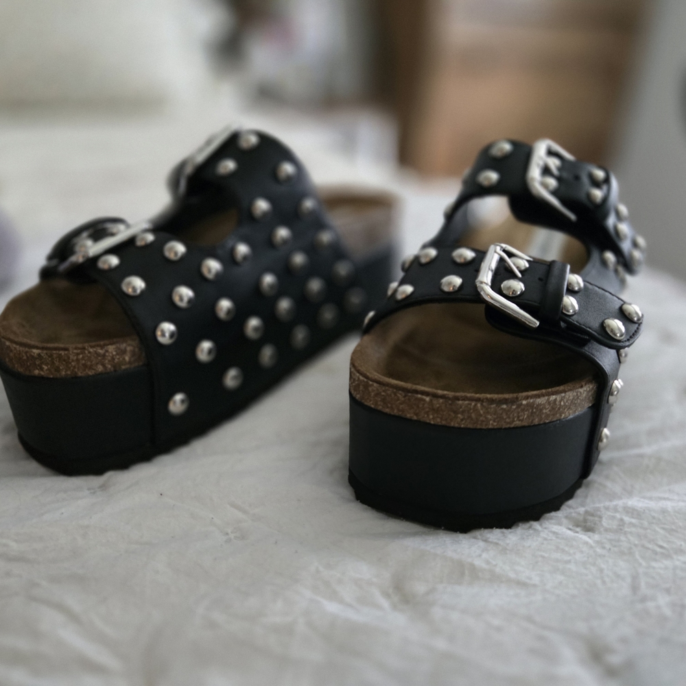 Kali Black and Silver Platform Shoes with Studded Straps